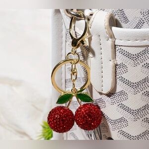 🆕 🍒 Gold Cherry Crystal Keychain - Red Charm
